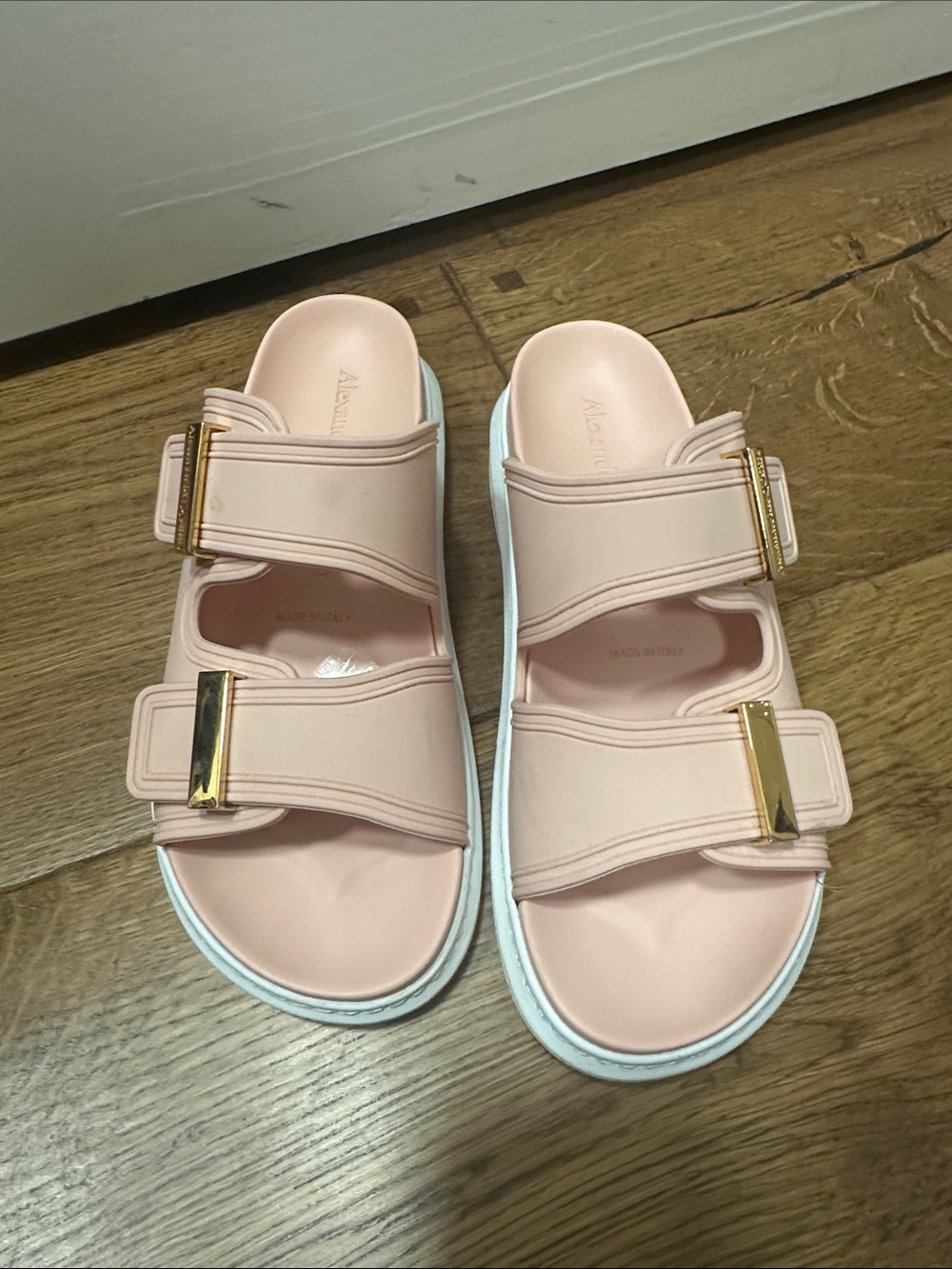 Alexander McQueen Blush Pink Strap Slide Sandals with Gold Accents